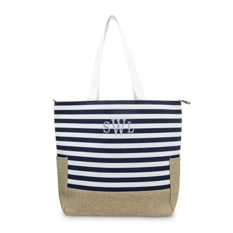 Personalized Extra-Large Cotton Canvas Fabric Beach Tote Bag - Navy Blue Stripe