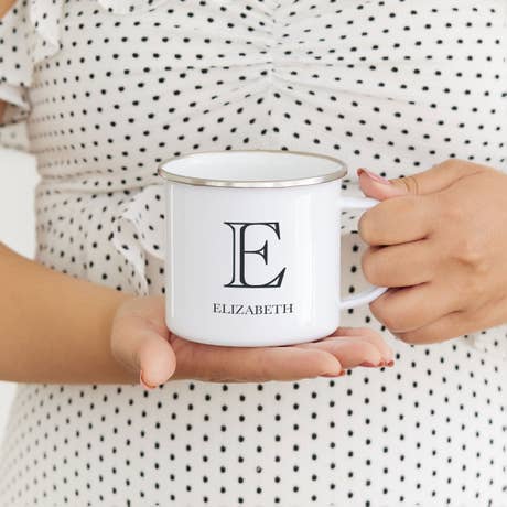 Personalized White Enamel Stainless Steel Coffee Mug - Deco Monogram