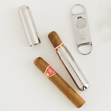 Personalized Silver Stainless Steel Cigar Cutter and Travel Tube Gift Set - Stacked Monogram