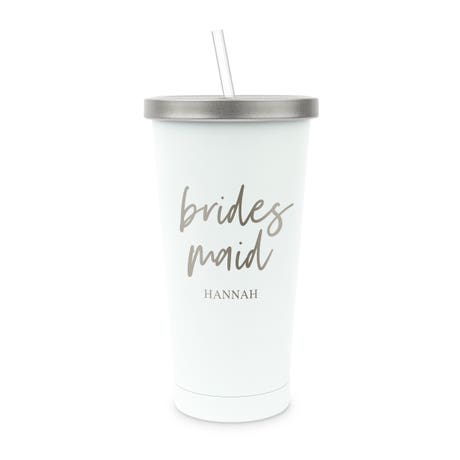 Personalized White Metal Drink Tumbler with Metallic Lid - Bridesmaid