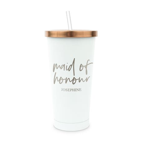 Personalized White Metal Drink Tumbler with Metallic Lid - Maid of Honour