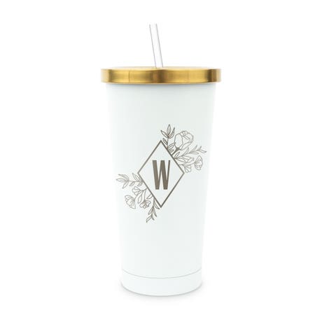 Personalized White Metal Drink Tumbler with Metallic Lid - Floral Monogram
