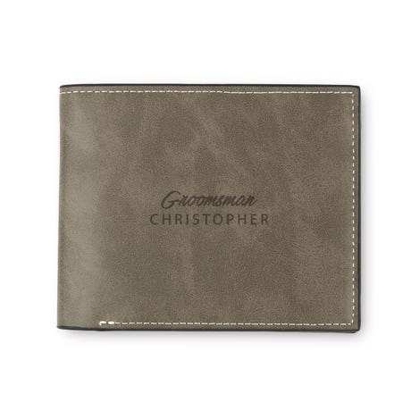 Men's Custom Engraved Gray Faux Leather Wallet - Groomsman Cursive
