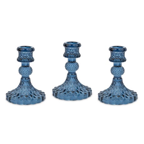 Vintage Style Pressed Glass Candle Holder €“ Blue €“ Set of 3