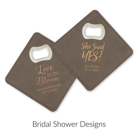 Personalized Gray Faux Leather Drink Coaster Wedding Favor with Bottle Opener - Bridal Shower | More Occasions