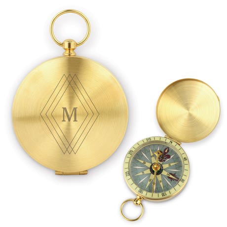 Custom Engraved Gold Metal Compass Gift - Diamond Emblem Monogram