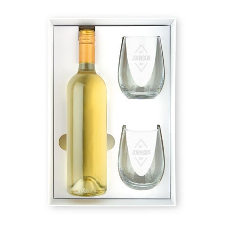 Personalized 13.5 Oz. Stemless Wine Glass Gift Box Set - Diamond Emblem