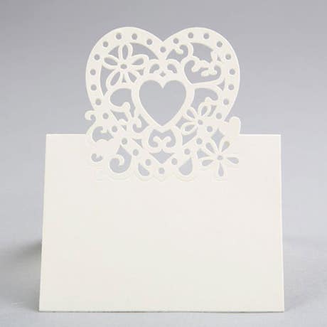 Ivory Laser Cut Folding Tent Place Cards - Double Heart - Set of 10