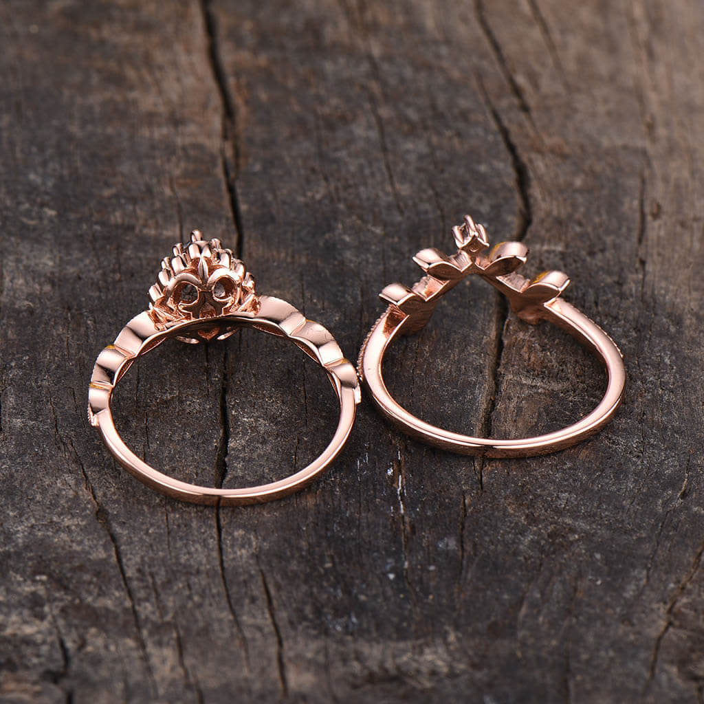 14K/18K Diamond Halo Black Rutilated Quartz Diamond Engagement Rings Wedding Set