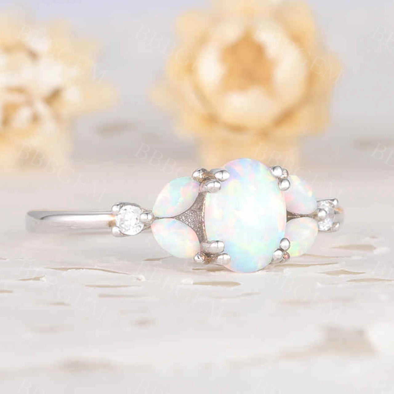Floral opal engagement ring white gold Oval and Marquise promise ring for women