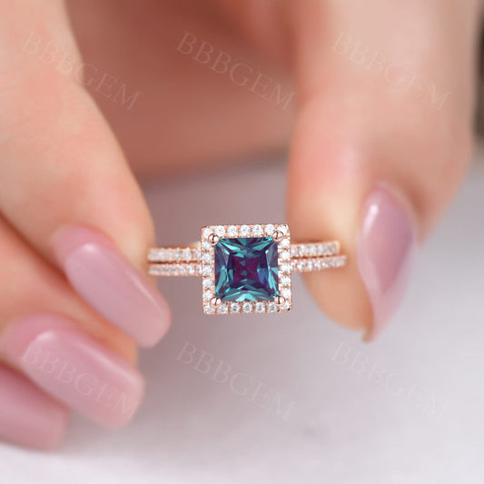 2pcs Alexandrite Bridal Set 6mm Princess Cut Alexandrite Diamond Engagement Ring Set In Rose Gold