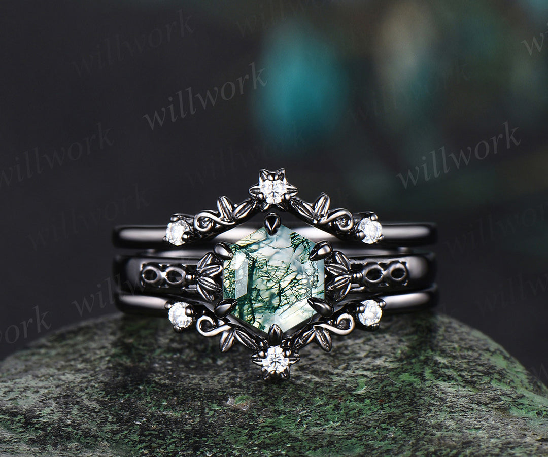 Hexagon Moss Agate Black Gold Infinity Ring Set 6 Prong Ring Leaf Vine Moissanite Wedding Band Gothic Elegance Unique Bridal Set
