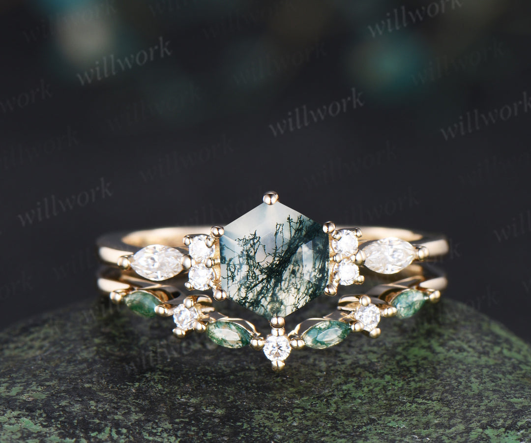 Hexagon Cut Moss Agate Ring Set Minimalist Seven Stones Engagement Ring Marquise Moss Agate Moissanite Wedding Band Unique Bridal Set