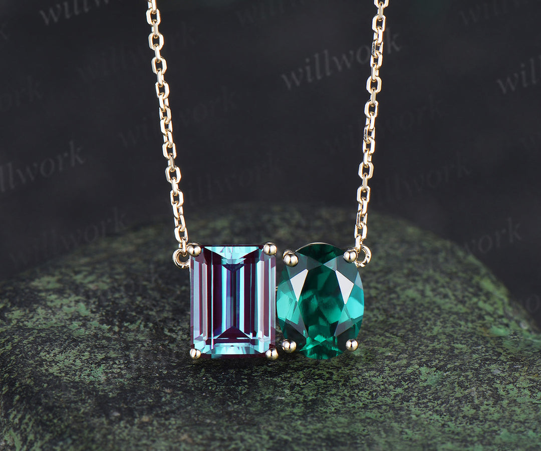 Emerald Cut Alexandrite Oval Emerald Pendant Necklace Minimalist Two Stones Toi Et Moi Pendant Couple Birthstone Necklace