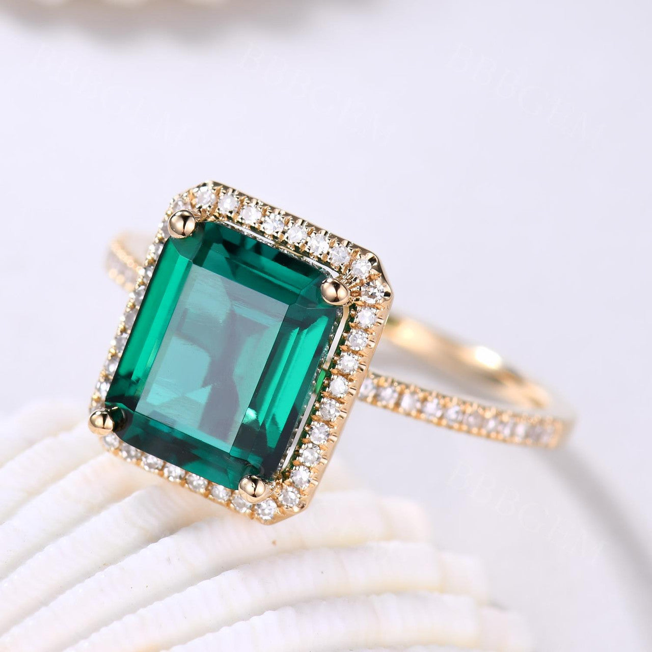 4CT Emerald Cut Emerald Engagement Ring Rose Gold Halo Diamond Wedding Ring