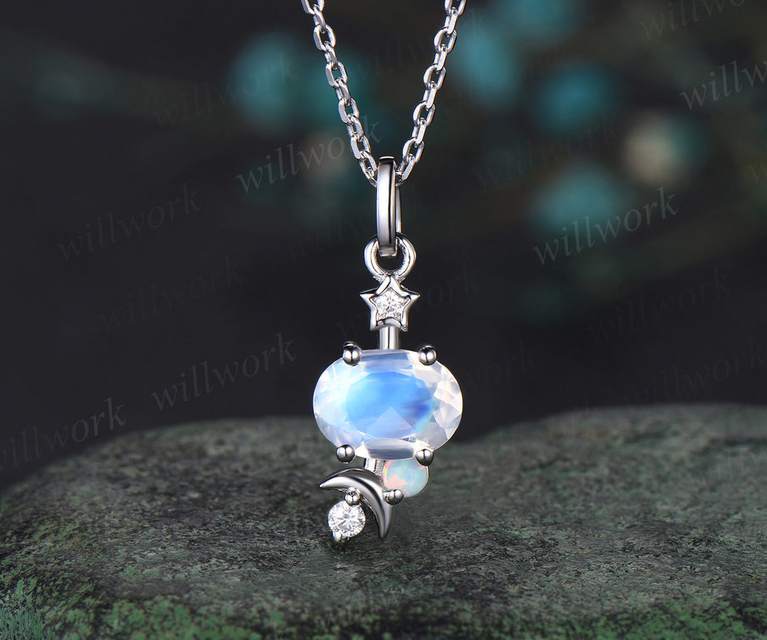 East To West Oval Moonstone Necklace Celestial Moon Star Diamond Opal Elegant Pendant Necklace June Birthstone Anniversary Gifts
