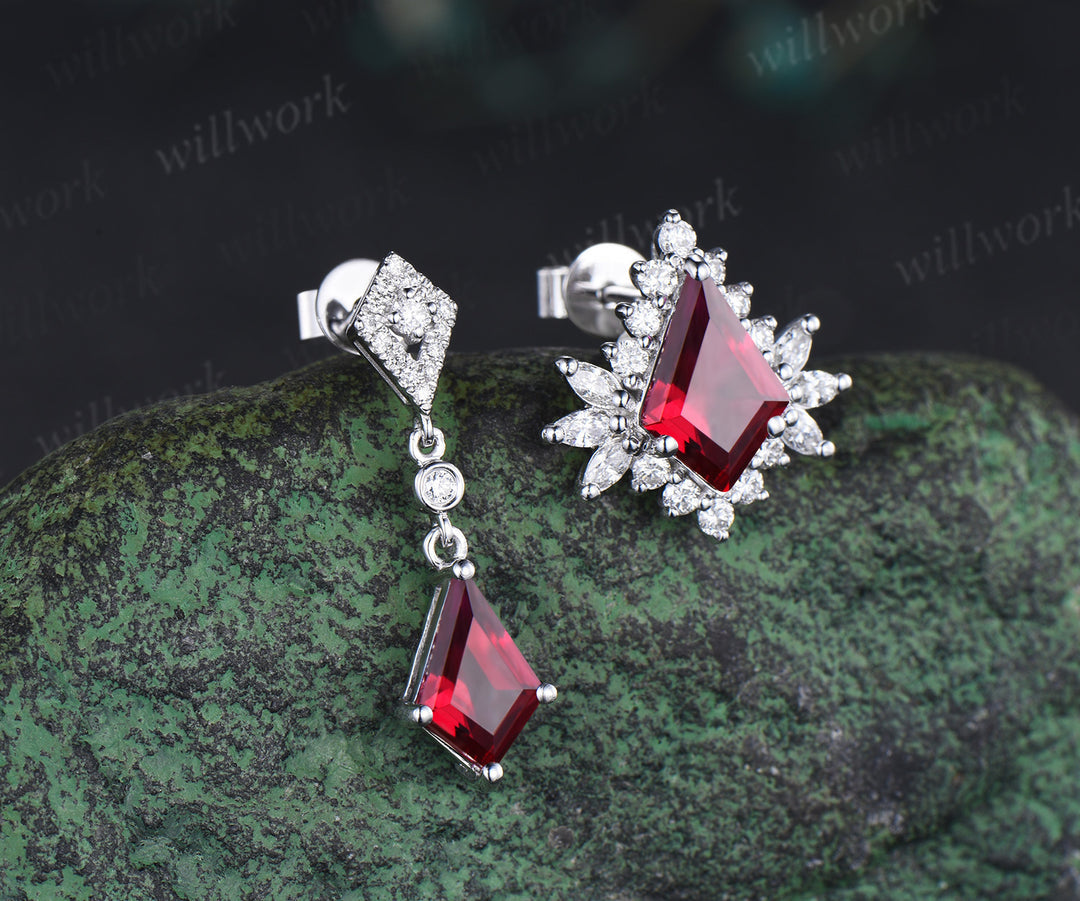 Kite Cut Ruby Asymmetrical Earrings Drop & Stud Red Gemstone Earrings Unique Mismatched Statement Jewelry For Women