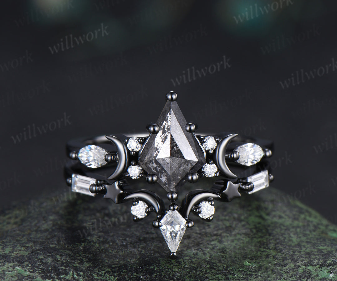 Kite Cut Salt And Pepper Diamond Engagement Ring Set Moon Moissanite Ring Star Curved Wedding Band Anniversary Gifts