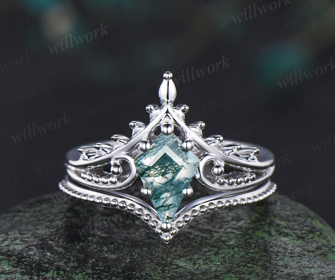 Kite Cut Moss Agate Engagement Ring Filigree Leaf Split Shank Ring Milgrain Band Vintage Boho Bridal Set Gift For Her