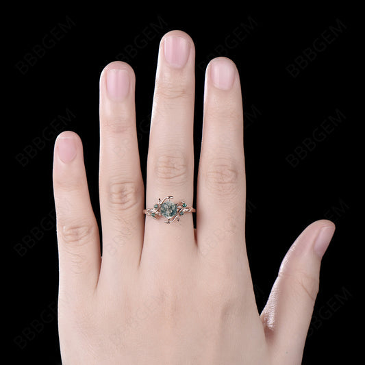 Enchanted Twigs Moss Agate Ring Hexagon Cut Natural Green Moss Engagement Ring Rose Gold Branch Leaf Green Emerald Ring