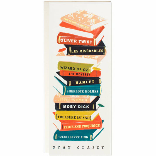 "Stay Classy" Stacked Vintage Books Long Card for Book Lovers