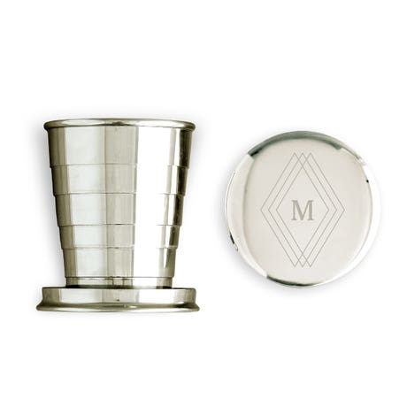 Personalized 2 Oz. Silver Stainless Steel Collapsible Shot Glass - Diamond Emblem Monogram