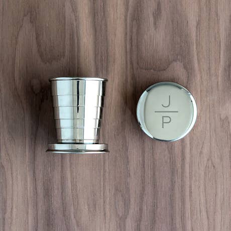 Personalized 2 Oz. Silver Stainless Steel Collapsible Shot Glass - Stacked Monogram - Unique Gift For Him | Her