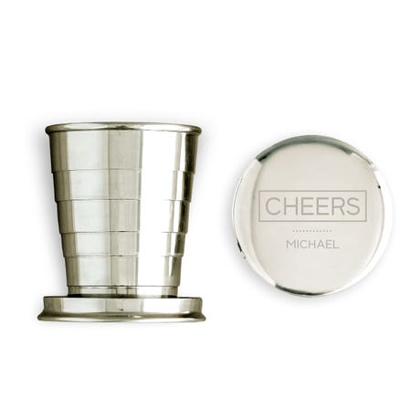 Personalized 2 Oz. Silver Stainless Steel Collapsible Shot Glass - Cheers - Unique Gift For Him