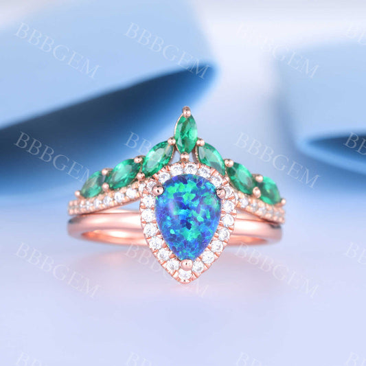 Halo Pear Blue Lab Created Opal Bridal Set Marquise Emerald Diamond Matching Band Rose Gold