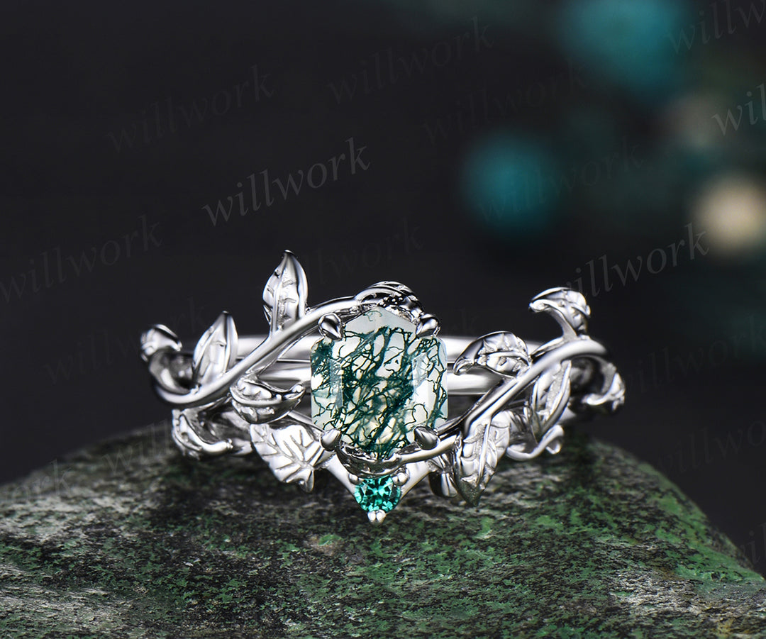 Hexagon Cut Green Moss Agate Engagement Ring Set White Gold Vintage Emerald Leaf Branch Bridal Set Women