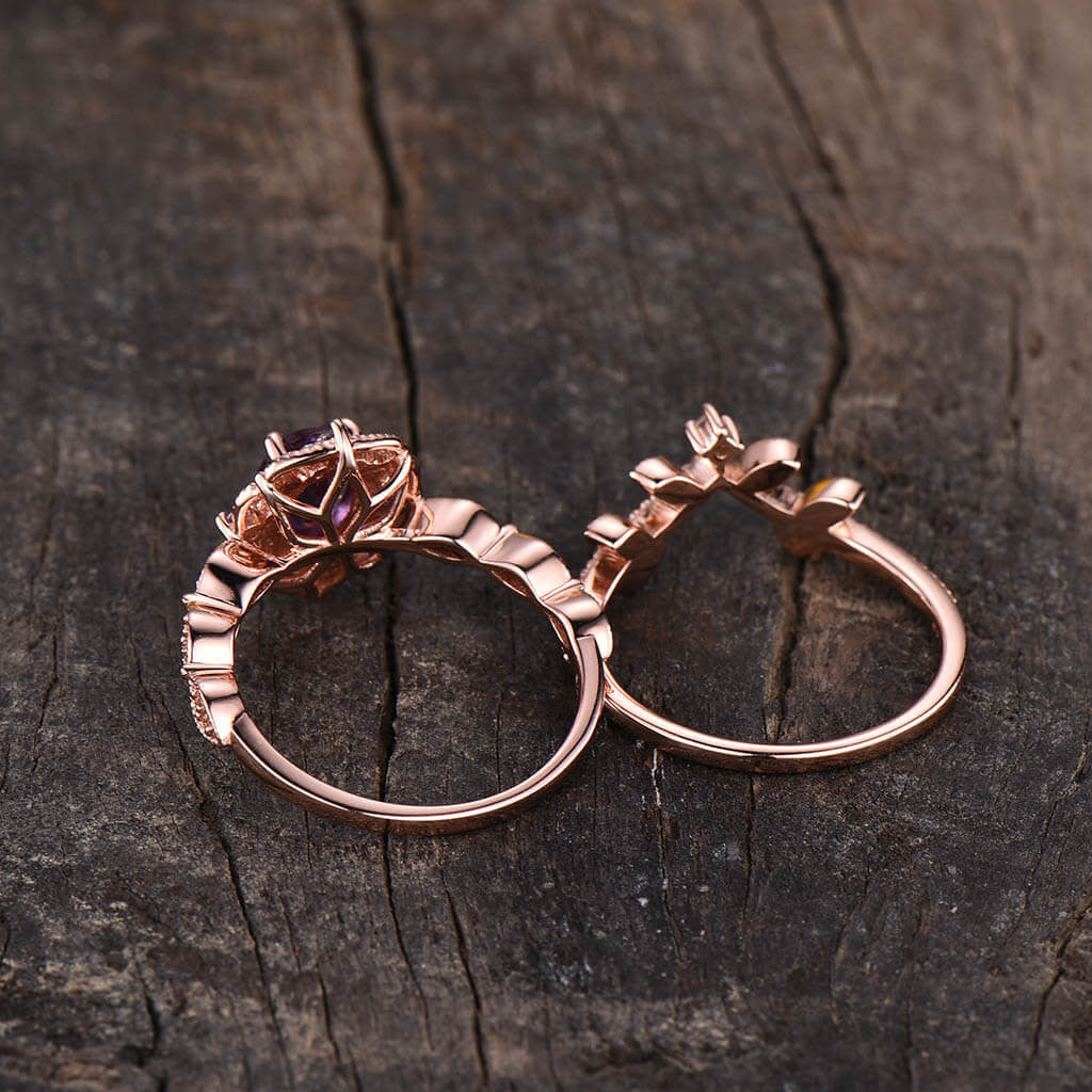 14K/18K Milgrain Filigree Alexandrite Diamond Engagement Rings Wedding Set