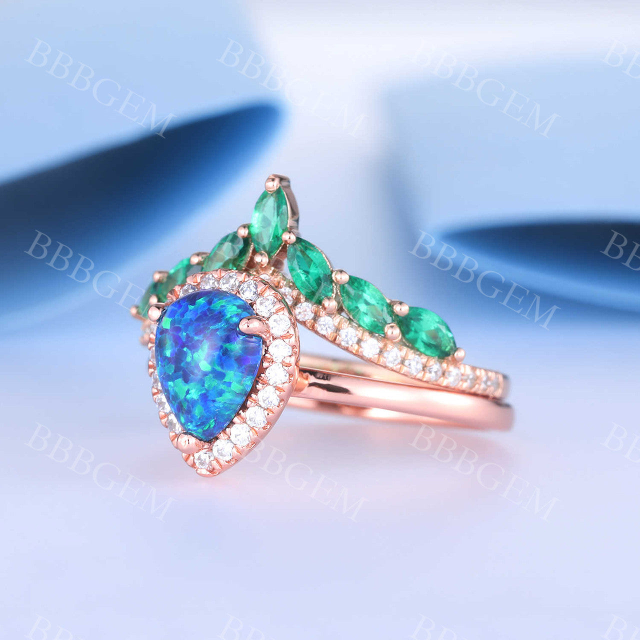 Halo Pear Blue Lab Created Opal Bridal Set Marquise Emerald Diamond Matching Band Rose Gold