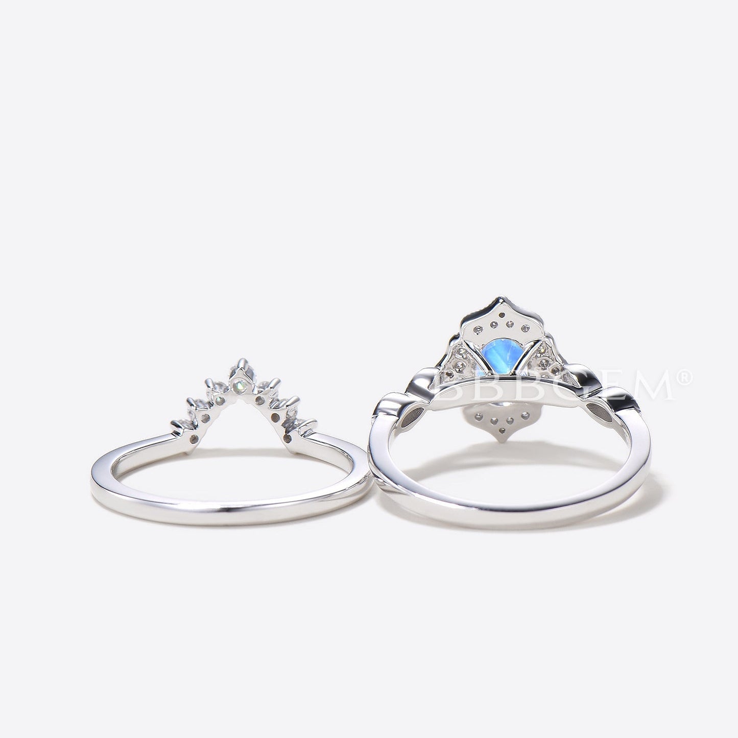 14K/18K Rose Gold Rainbow Vintage Milgrain Moonstone Diamond Bridal Set