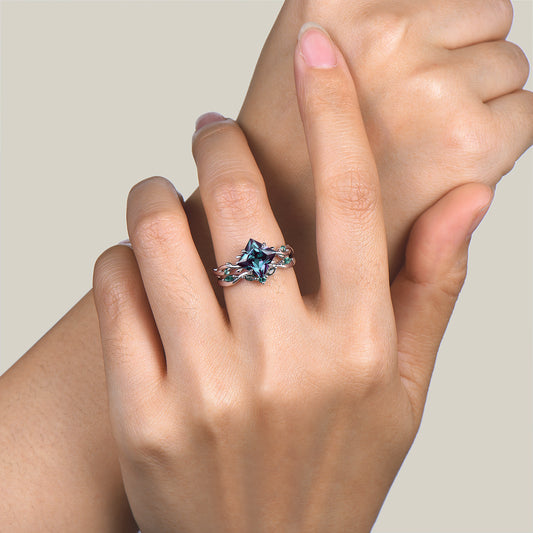 2ct Princess Cut Color-change Alexandrite Moss Agate Twig Vine Emerald Bridal Set