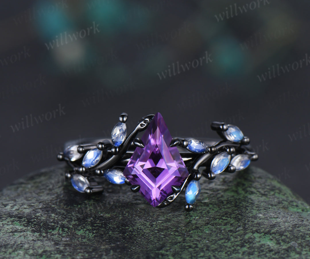 Kite Cut Amethyst Engagement Ring Unqiue Black Gold Moonstone Cluster Leaf Twig Bridal Ring Anniversary Promise Ring Gifts For Her