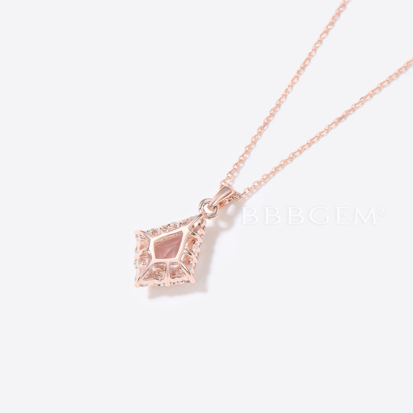 Kite Rose Quartz Necklace Rose Gold Halo Moissanite Pendant