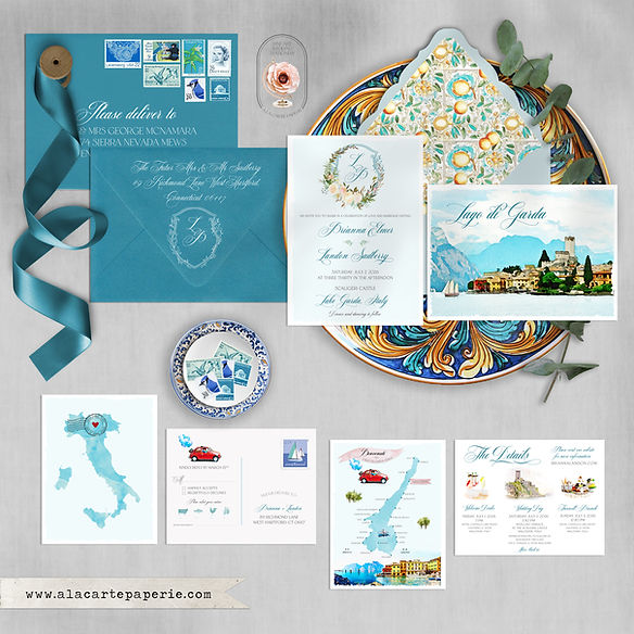 Lake Garda Italy Scaligeri Castle Watercolor Destination Wedding Invitation Set