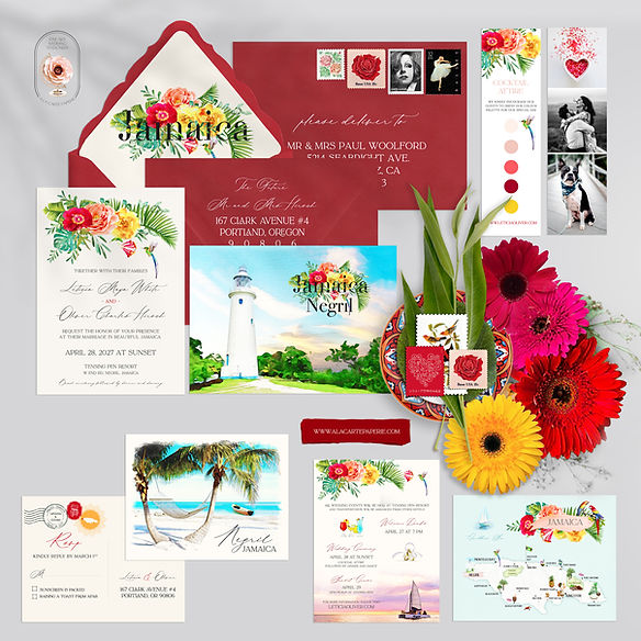 Jamaica Negril Caribbean Watercolor Illustrated Destination Wedding Invitation