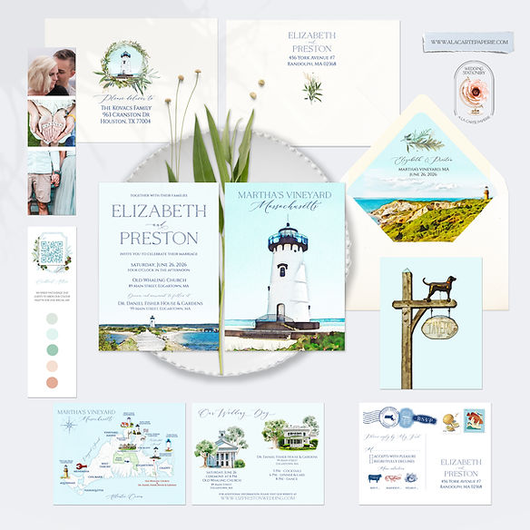 Martha's Vineyard MA Watercolor Illustrated Destination Wedding Invitation Set