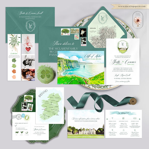 Ireland Cliffs of Moher Lough Rynn Castle Irish Watercolor Wedding Invitations