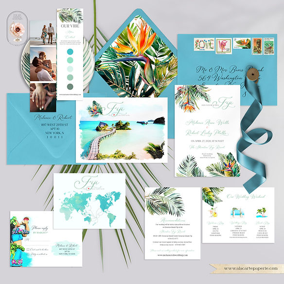 Fiji Pacific Islands Watercolor Illustrated Destination Wedding Invitation Set