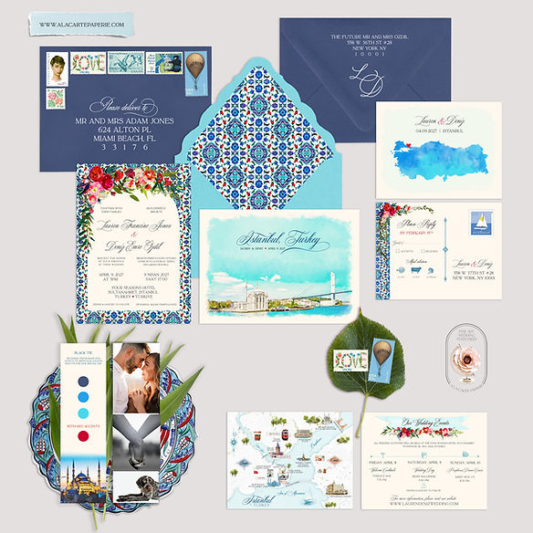 Istanbul Turkey Watercolor Illustrated Turkish Destination Wedding Invitations