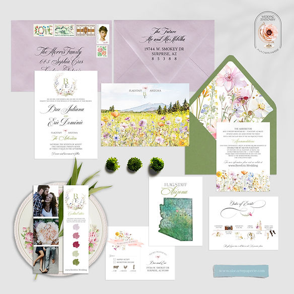 Flagstaff Arizona AZ Watercolor Illustrated Destination Wedding Invitation Set