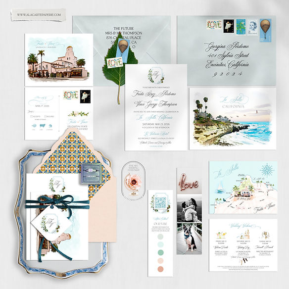 La Jolla California La Valencia Watercolor Destination Wedding Invitation Set