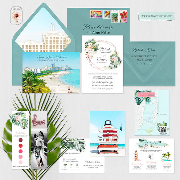 Florida Miami Beach Watercolor Illustrated Destination Wedding Invitations
