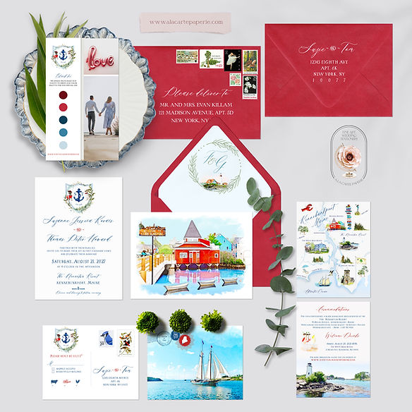 Kennebunkport Maine US Watercolor Illustrated Destination Wedding Invitation Set
