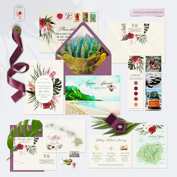 Kauai Hawaii HI Island Watercolor Illustrated Destination Wedding Invitation Set