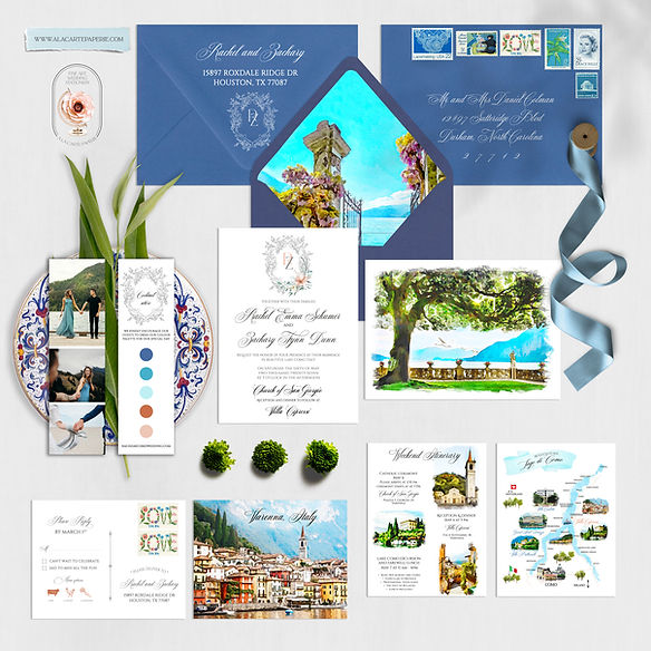 Lake Como Villa Cipressi Italy Watercolor Destination Wedding Invitation Set