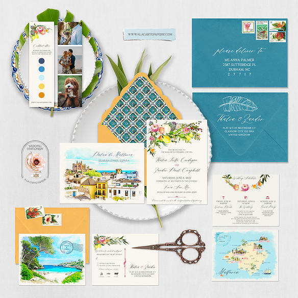 Mallorca Majorca Spain Watercolor Illustrated Destination Wedding Invitation Set
