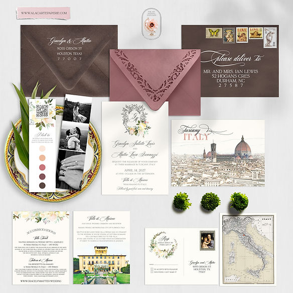 Florence Tuscany Italy Watercolor Destination Wedding Invitation Villa di Maiano